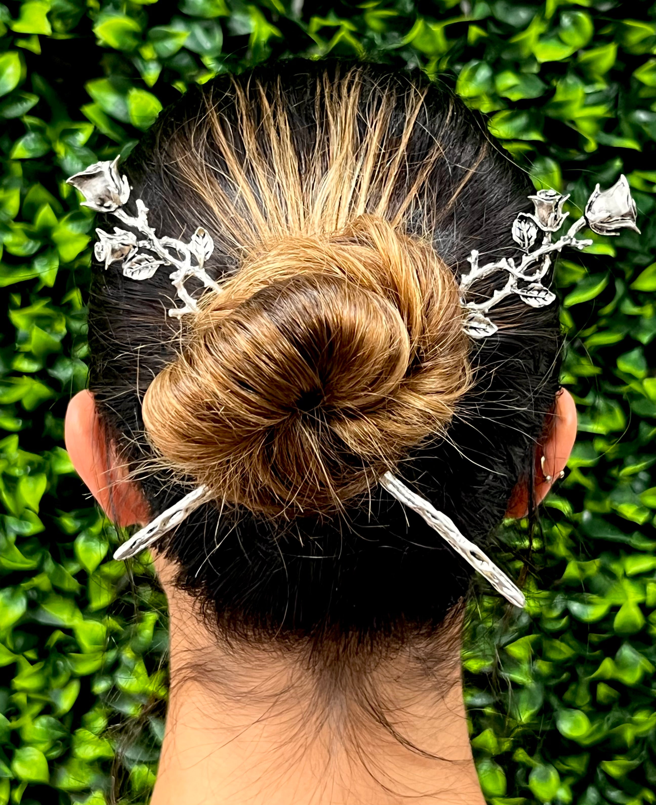 Elegant Rose Vine Hair Sticks | Silver & Gold Hair Accessories for Buns