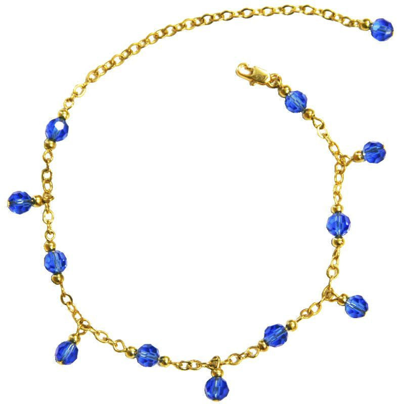 Medieval Metal - Anklet Gold Chain and Blue Dangling Beads Front View (AT-02-BL-G)