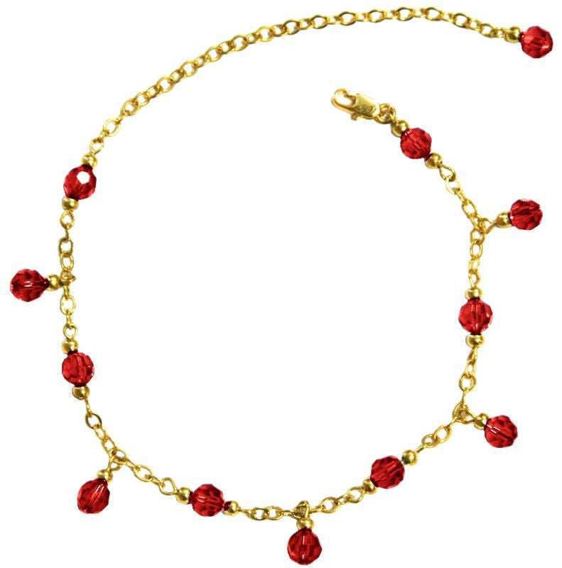 Medieval Metal - Anklet Gold Chain and Red Dangling Beads Front View (AT-02-RD-G)