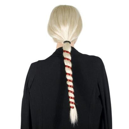 Model wearing Red Woven Leather Ponytail Wrap – 12" Ponytail Holder