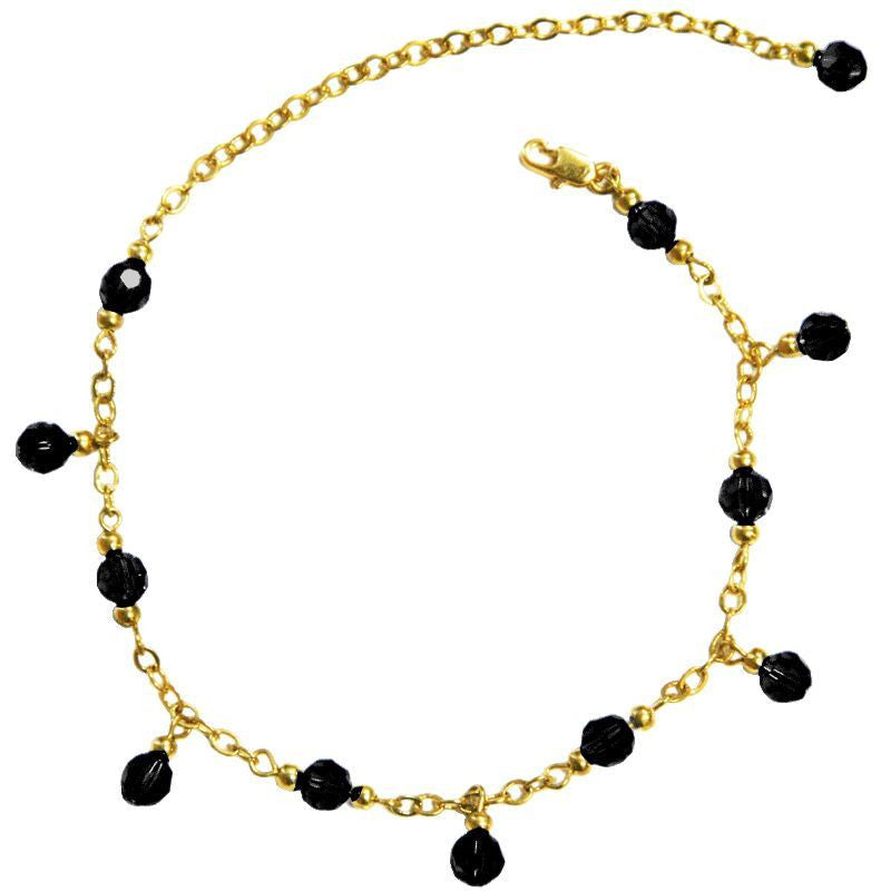 Medieval Metal - Anklet Gold Chain and Blackk Dangling Beads Front View (AT-02-BK-G)