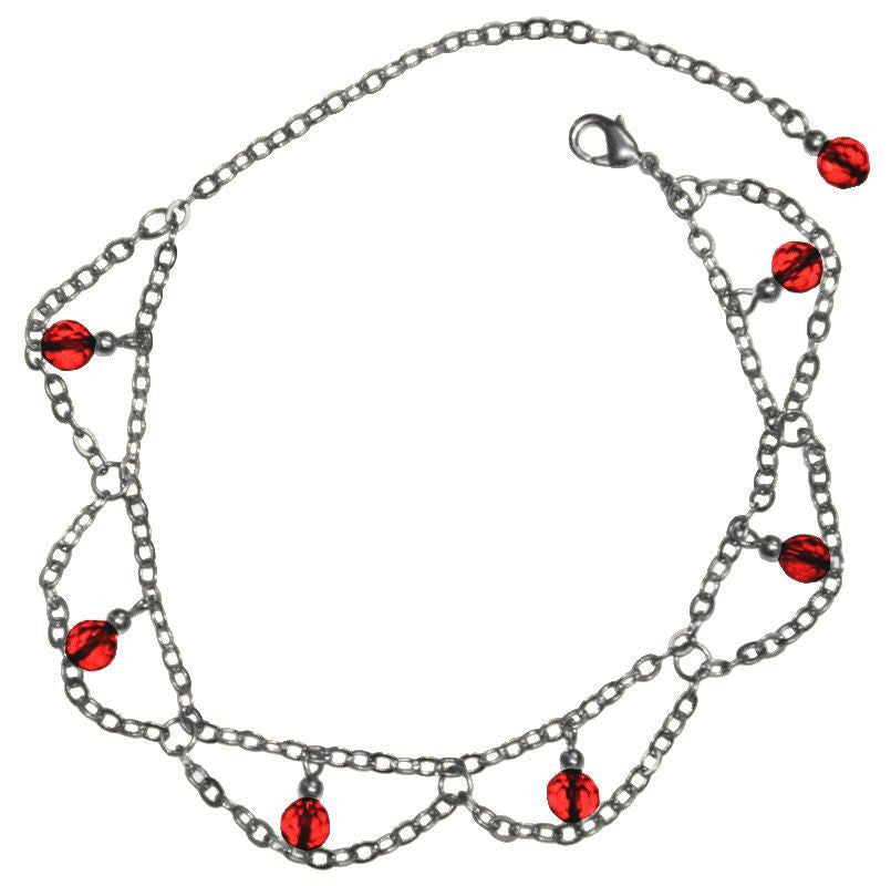 Medieval Metal - Anklet Dangling Red Beads & Silver Chains (AT-03-RD-S)