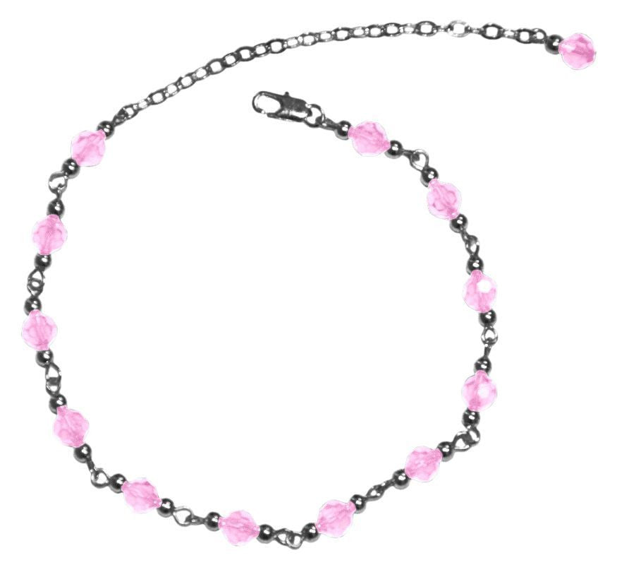 Medieval Metal - Anklet Silver Pink Beaded Front View (AT-01-PK-S)