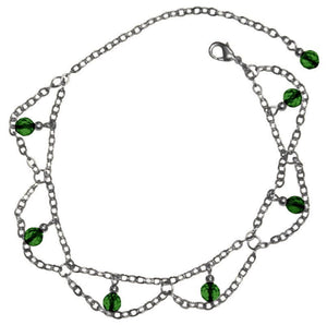 Medieval Metal - Anklet Dangling Green Beads & Silver Chains (AT-03-GN-S)