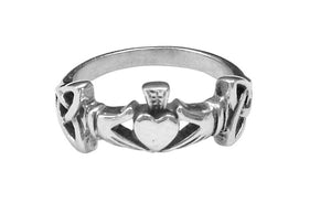 Medieval Metal - Claddagh with Eternity Knots Ring Front View (R-CE-S)