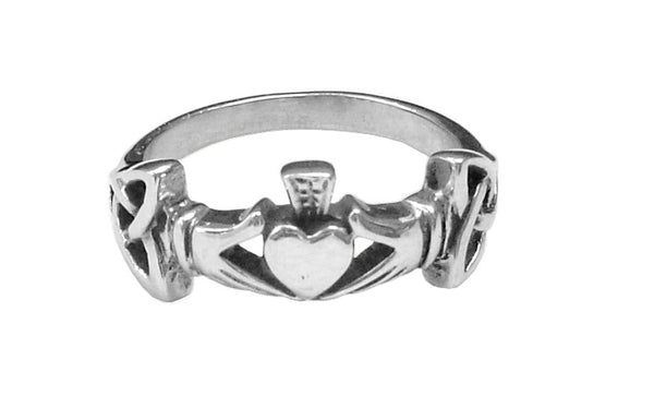 Medieval Metal - Claddagh with Eternity Knots Ring Front View (R-CE-S)